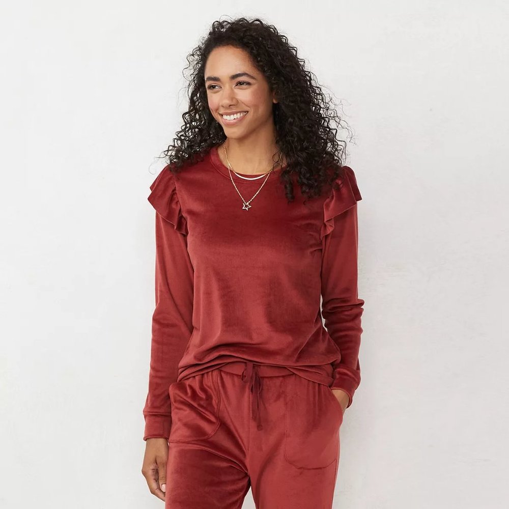 Hardly Worn Lauren Conrad Velour Ruffle Shoulder Sweatshirt in CINNAMON RUST